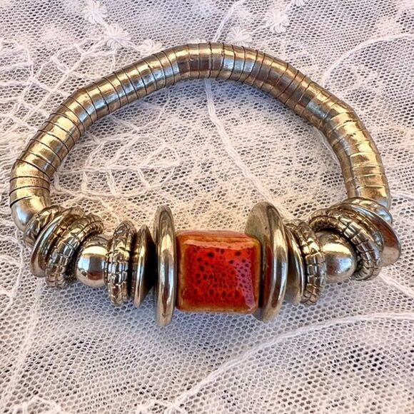 Coil Wrapped Silver Bracelet with Bold Orange Ceramic Pottery Bead Accent - Picture 4 of 9
